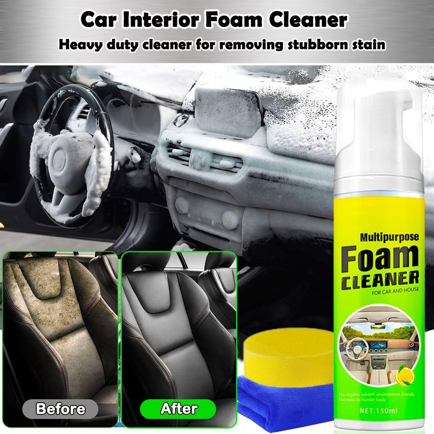 Car Interior Cleaner Foam - Car Dashboard, Seat, Carpet, Upholstery Cleaner, Auto Interior Detailing Spray Leather Vinyl Plastic Cleaner - Remove Stain & Grime & Grease - 150ml