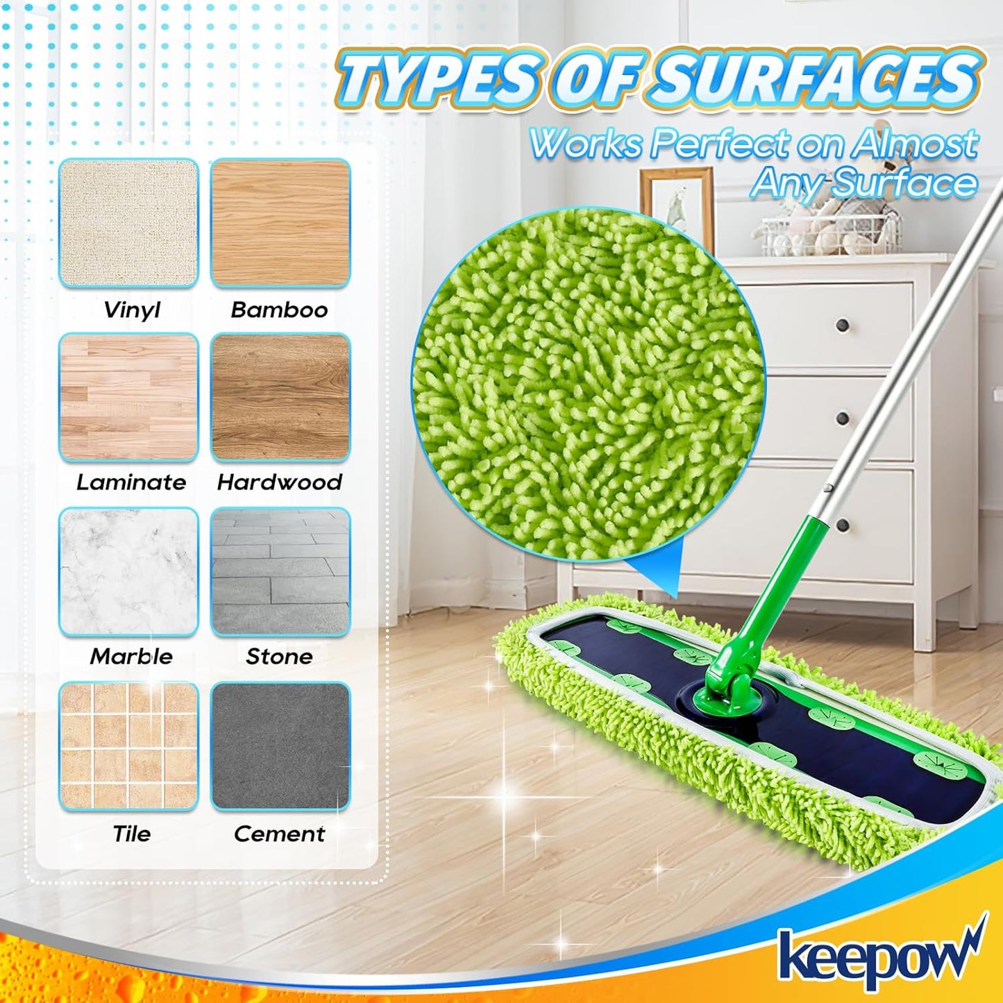 KEEPOW Reusable XL Mop Pads Compatible with Swiffer XL Sweeper, X-Large Dry Sweeping Cloths, Wet Mopping Cloths, Washable Microfiber XL Wet Pads Refills for Surface/Hardwood Floor Cleaning, 4 Pack