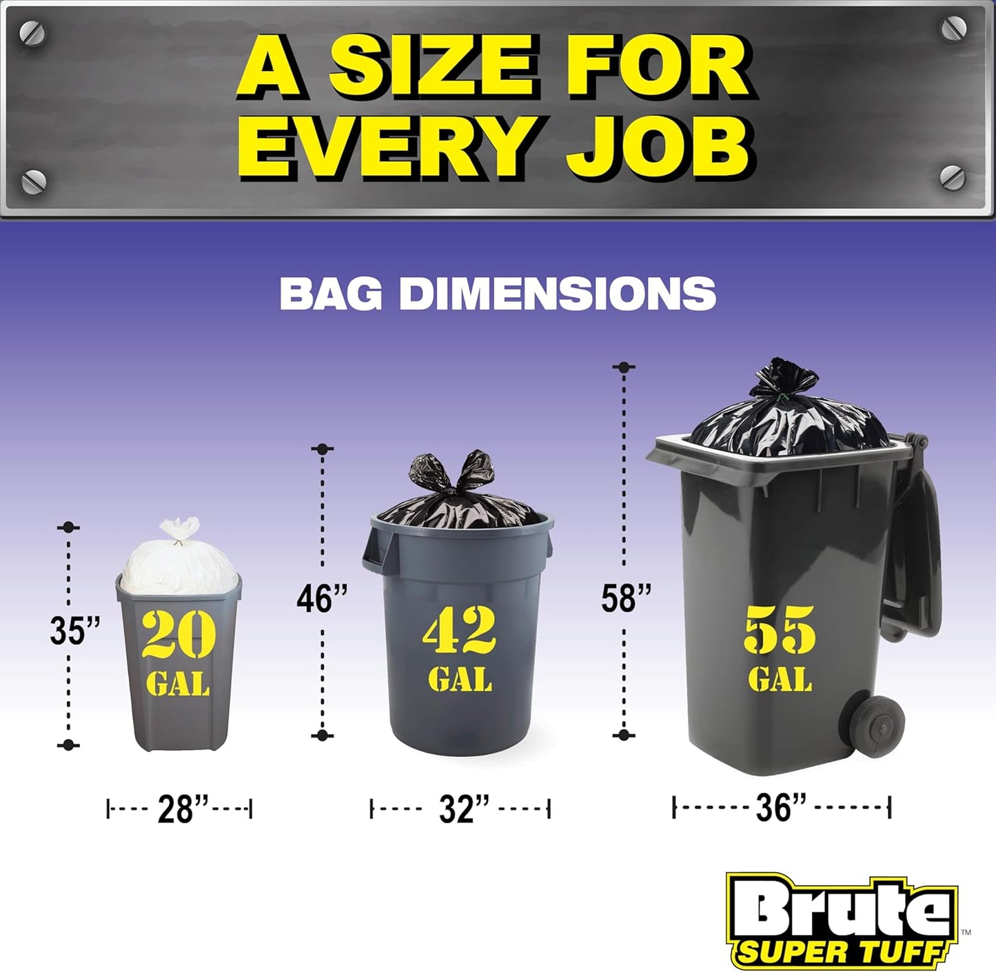 Brute Super Tuff Heavy Duty 2.2 MIL Contractor Bags, Extra Large Trash Bags, Twist Tie Closure, Black, 55 Gallon, 15 Count