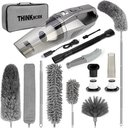 THINKWORK Microfiber Feather Duster for Car Cleaning, Car Interior Detailing Kit with High Handheld Power Vacuum Cordless, Ceiling & Fan Duster for Home Cleaning