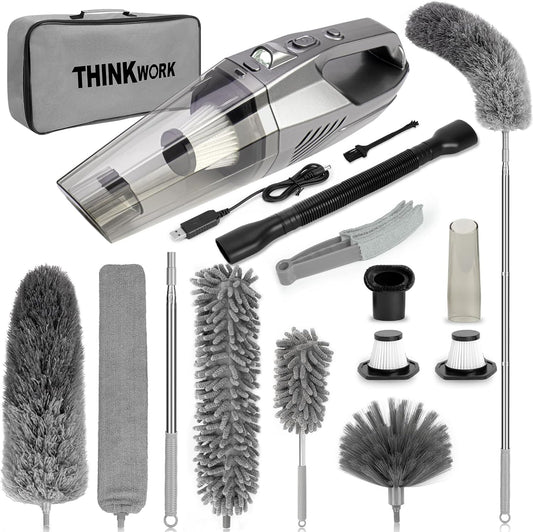 THINKWORK Microfiber Feather Duster for Car Cleaning, Car Interior Detailing Kit with High Handheld Power Vacuum Cordless, Ceiling & Fan Duster for Home Cleaning