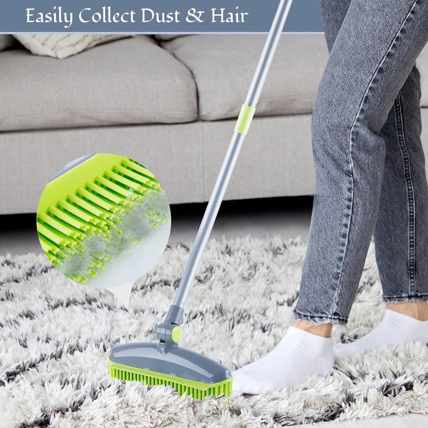 180°Rotating Head Rubber Broom with Squeegee for Pet Hair Removal - 51" Iron Handle Fur Remover Rake Brush for Carpet, Hardwood & Tile Floors, Includes Pet Hair Removal Gloves (Green)