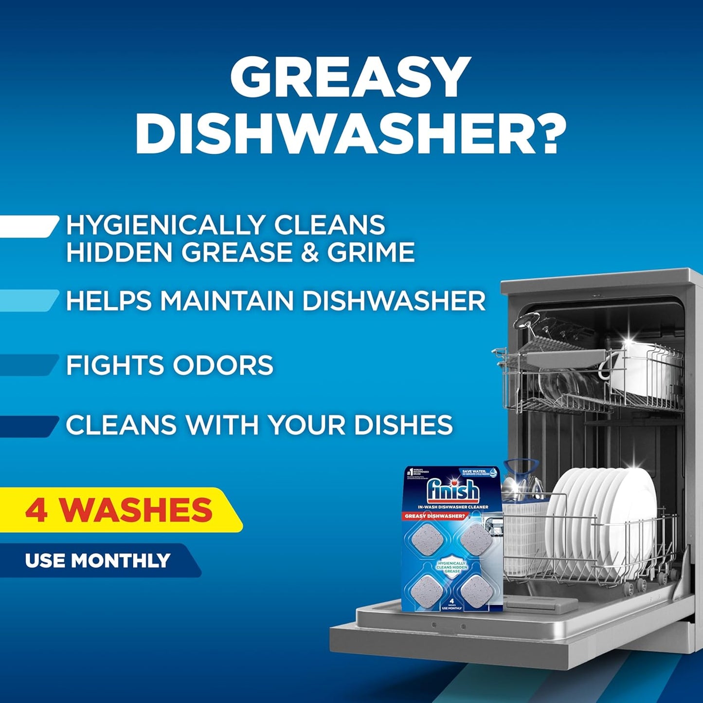Finish Dishwasher Cleaner Tablets, Deep Cleans Hidden Grease & Grime, Fights Odors, No Extra Wash Cycle, Helps Maintain Dishwasher, 12 Month Supply, 12 Count