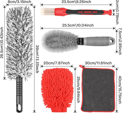 Preciva 5PCS Car Wheel & Tire Brush Kit -Car Cleaning Kit, Wheel Cleaner Brush, Soft-bristled Rim Brush, Car Drying Towel, Car Detailing Cleaning Wash Brush Supplies Kit for Interior Exterior Wheels