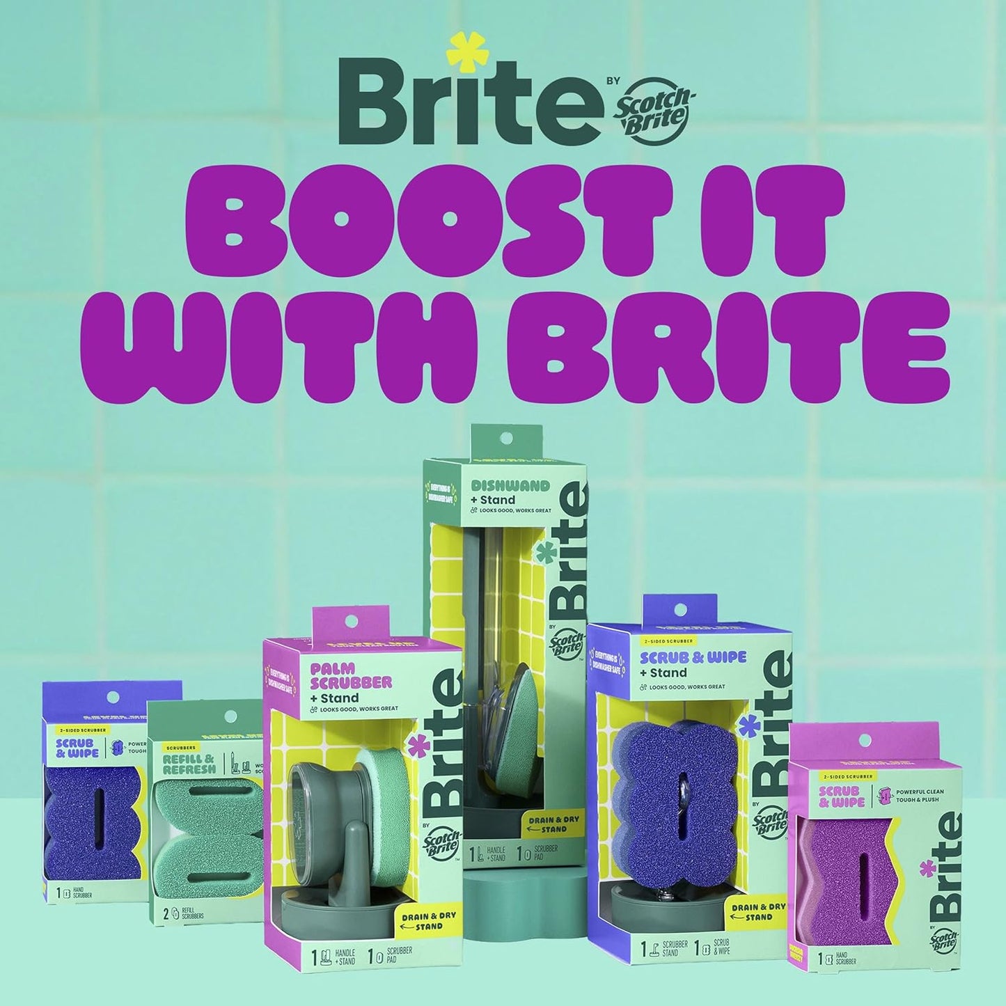 Brite by Scotch-Brite Palm Scrubber with Drain + Dry Stand, Household and Kitchen Sponge for Washing Dishes with Comfy Grip, 1 Scrub Sponge with Soap Dispenser
