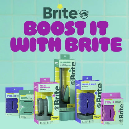 Brite by Scotch-Brite Palm Scrubber with Drain + Dry Stand, Household and Kitchen Sponge for Washing Dishes with Comfy Grip, 1 Scrub Sponge with Soap Dispenser