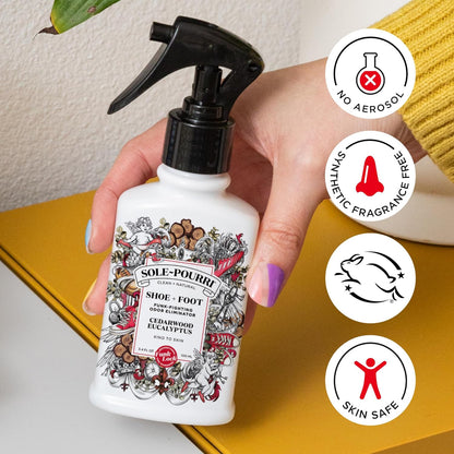 Sole-Pourri Shoe Deodorizer + Foot Spray, 3.4 Fl Oz, Up to 150 Uses, Funk-Fighting Odor Freshener with Essential Oils, for Smelly Shoes, Feet & Gym Bags, Citrus & Mint Scent