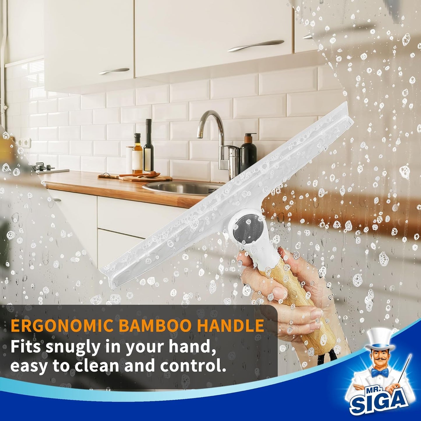 MR.SIGA All Purpose Silicone Squeegee for Shower Door, Mirror, Glass, Streak Free Shower Squeegee, Pivoting Bamboo Handle, Includes 1 Suction Hook, 10 inch Wide, 1 Pack