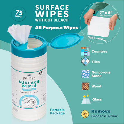 Juniper CLEAN 24 Pack Surface Cleaning Wipes Bleach Free, All-Purpose Cleaner for Bathroom, Kitchen, Office, 1728 Count Soft Flow, Fresh Scent, Bleach Free, Lint Free, Durable