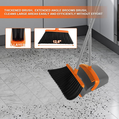Broom and Dustpan Set, Household Broom with Dustpan Combo Set, 51" Long Handle, Dust Pan Set for Kitchen Office Lobby Floor