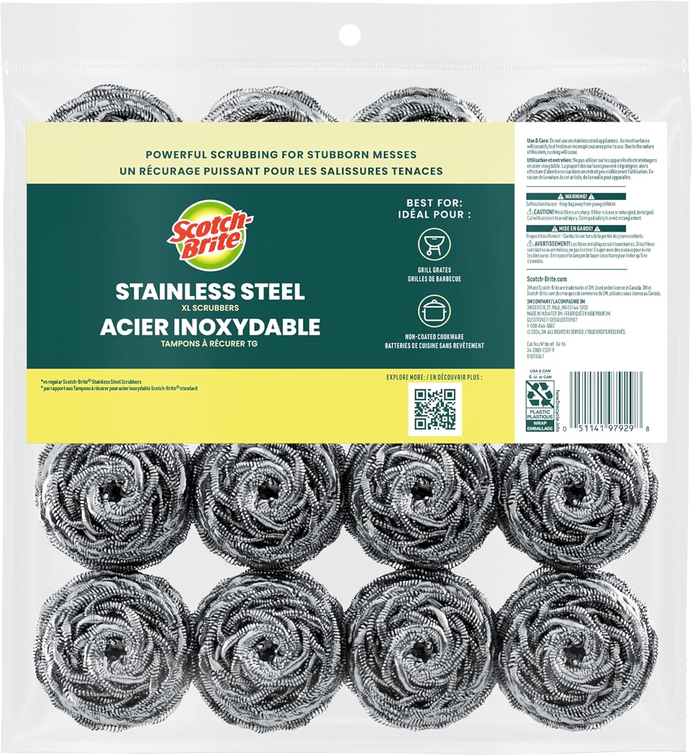 Scotch-Brite Stainless Steel Scrubbers, Scouring Pads for Cleaning Tough Baked-On Messes, Metal Scrubbers for Cleaning Dishes, 3 Scrub Pads