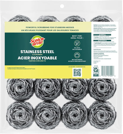 Scotch-Brite Stainless Steel Scrubbers, Scouring Pads for Cleaning Tough Baked-On Messes, Metal Scrubbers for Cleaning Dishes, 3 Scrub Pads