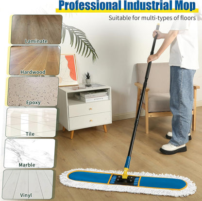 24 Inch Commercial Dust Mop,Heavy Duty Dry Wet Dust Mops Broom for Hardwood Floor, Laminate, Tile, Concrete Cleaning | 60 Extendable Handle & 2 Cotton Mop Heads | Home, Garage, Warehouse Use
