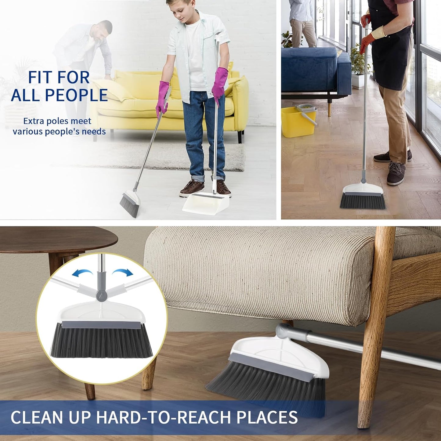 Broom with Dustpan Combo Set, 2 in 1 Broom and Dustpan Set with Long Handle, Upright 180° Rotating Broom with Brush and Lightwight Dust Pans for Home Kitchen Room Office Lobby Floor Cleaning，White
