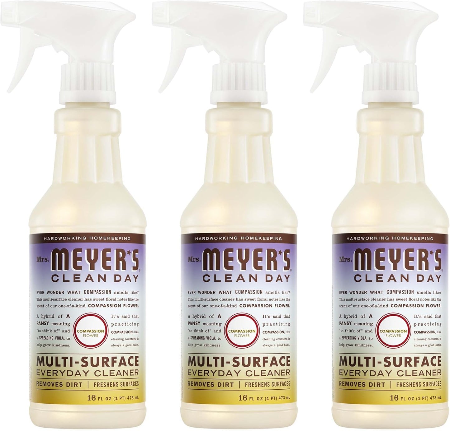 MRS. MEYER'S CLEAN DAY Multi-Surface Everyday Cleaner, Compassion Flower Scent, 16 Fl Oz Bottle - 3 Pack