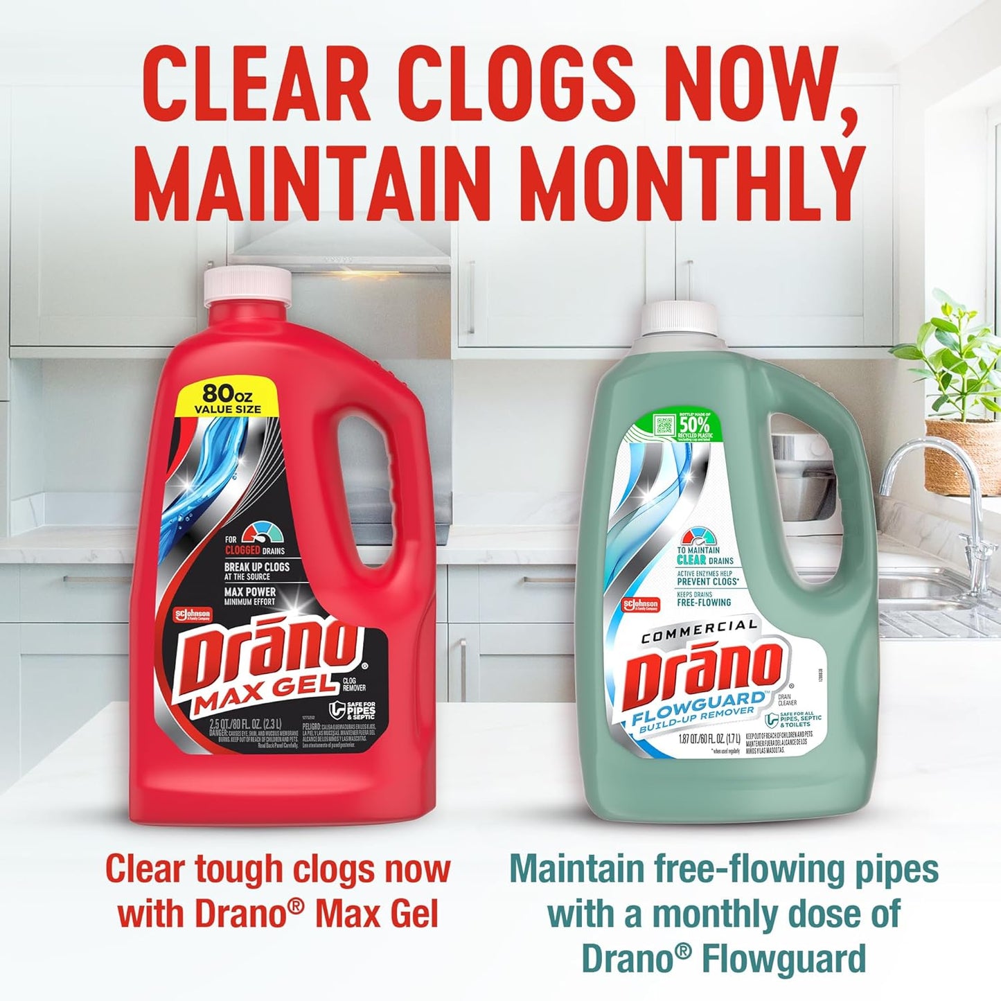 Drano Max Gel Drain Clog Remover & Cleaner, Fast-Acting to Unclog Standing Water & Remove Hair, Grease & Food Blockages, Safe for all Pipes & Septic, Kitchen Sinks, Bathroom Showers & Tubs, 32 Oz