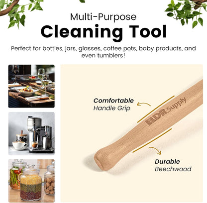 ELDR Supply Bottle Brush, 14in Extra Long German Beechwood Handle, Strong Hemp Bristles, Zero Waste, Cleans and Scrubs Hard to Reach Wide Mouth Jars, Glasses, and Tumblers