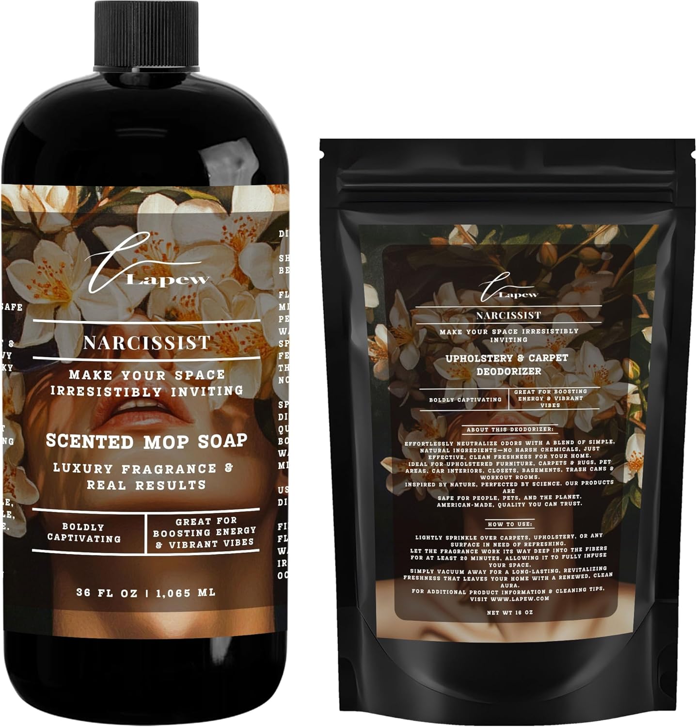 Lapew Black Sea Scented Cleaning Bundle | Carpet Deodorizer Powder (16 oz) & Mop Soap Concentrate (36 oz) | Pet-Friendly Odor Eliminator - Colors A