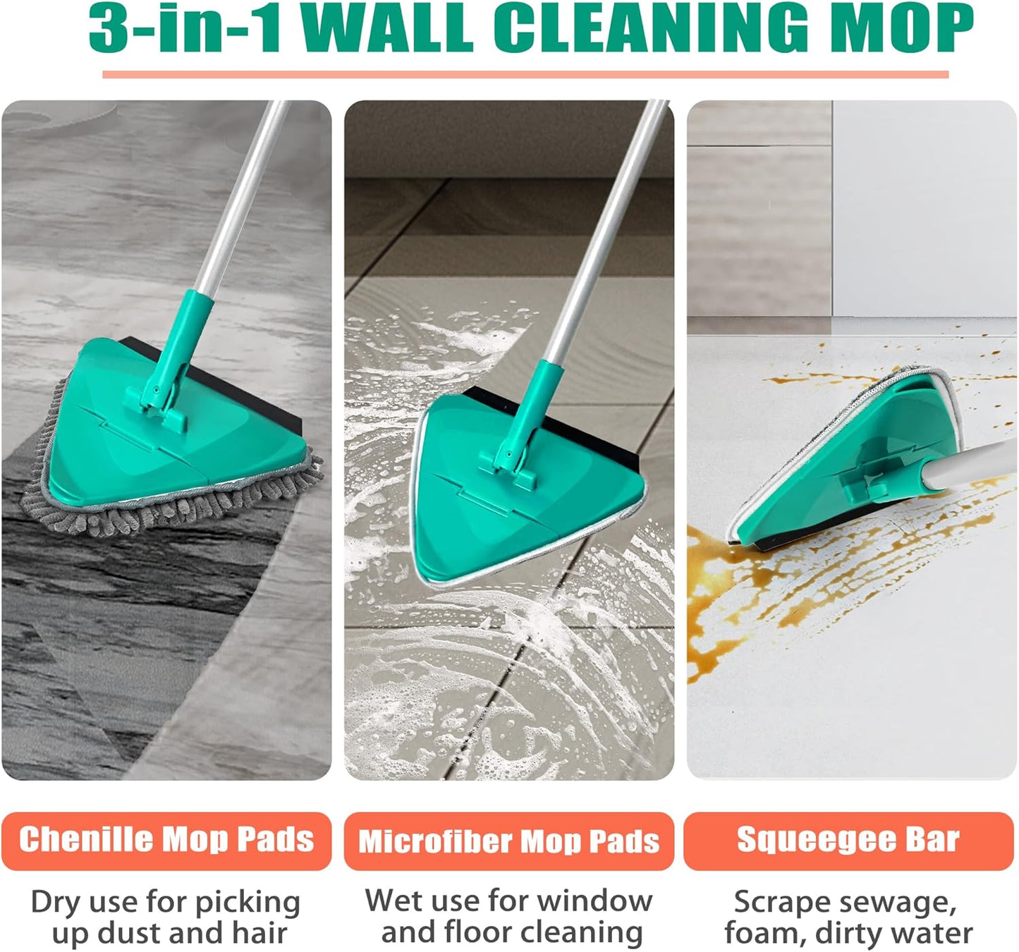 JEHONN Wall Mop with Long Handle 80 inches, Upgraded 180° Collapsible Baseboard Cleaner Tool with Squeegee, Ceiling Duster with 3 Microfiber and 3 Chenille Pads for Cleaning Window, Cabinet (Rose Red)