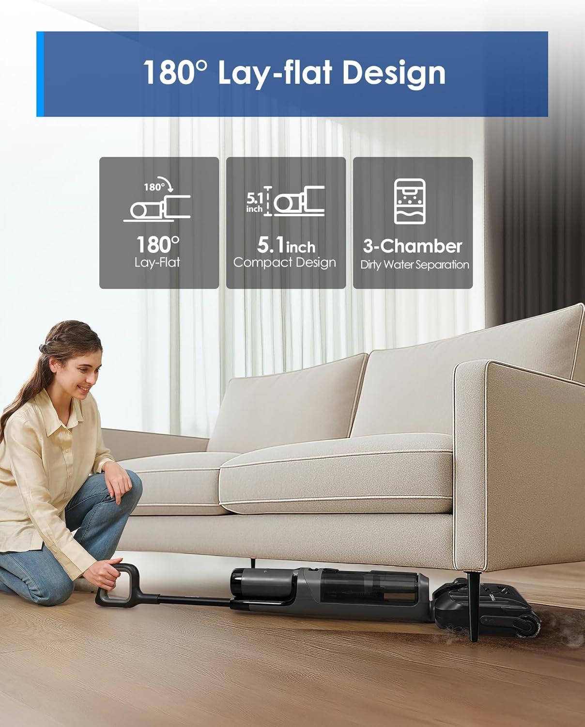 Tineco Floor ONE i5 Stretch Wet Dry Vacuum Cleaner, Vacuum & Mop in One Step, 20kpa Powerful Suction, 180° Lay-Flat Design, Anti-Tangle Design, Dual-Sided Edge Cleaning, Up to 30* Minutes Runtime