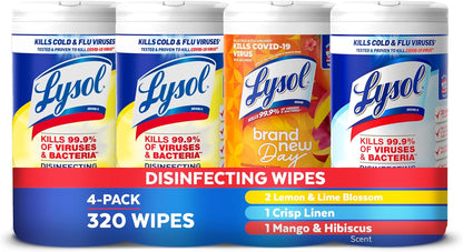 Lysol Disinfecting Wipes Bundle, Home Apartment Dorm Room Essentials and Cleaning Supplies, All Purpose Cleaner, Multi-surface Cleaning Wipes, Multi-Scent Sanitizing Wipes Bundle, 240 Count, Pack of 4