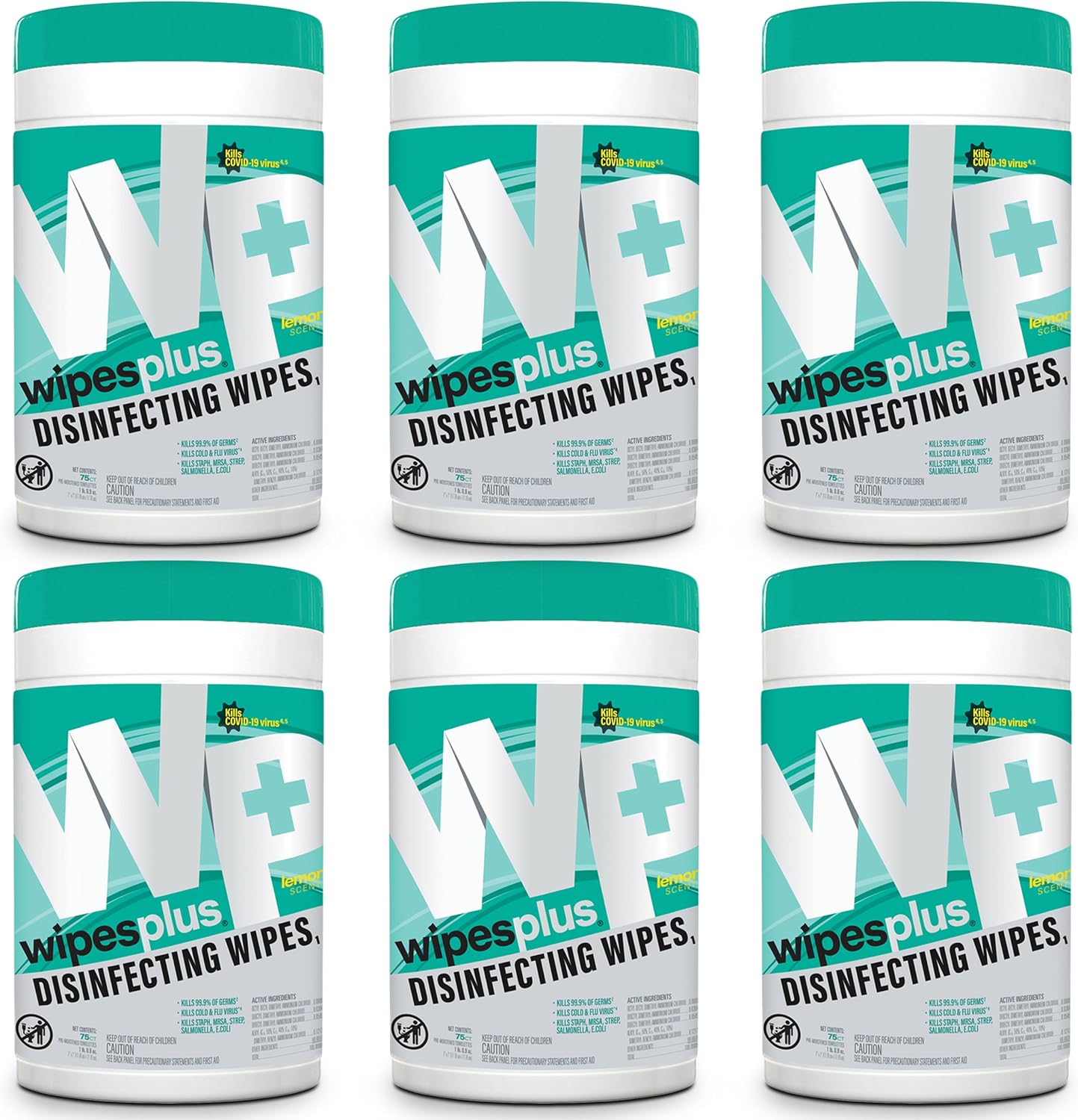 WIPESPLUS Disinfecting Surface Wipes Canister Bleach Free with Lemon Scent for Home and Business, 450 Count, (6 Packs of 75)
