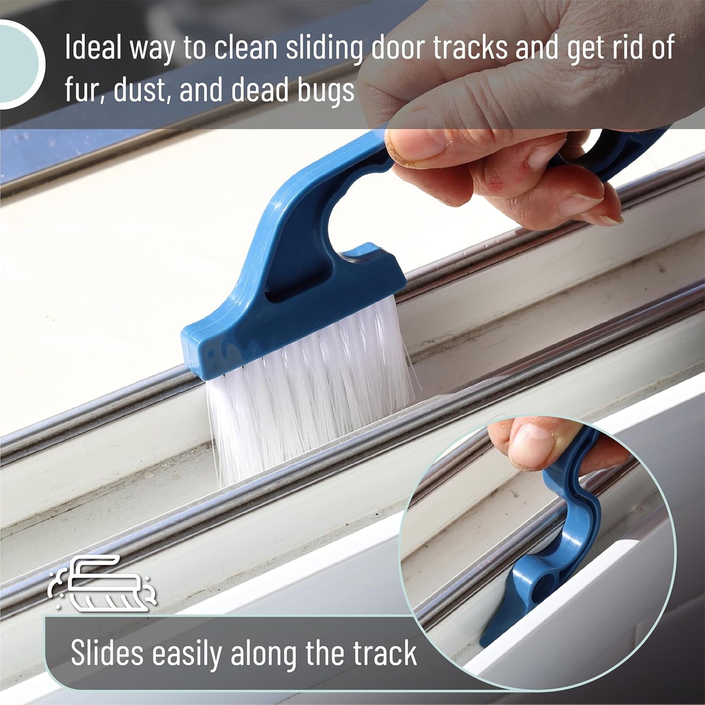 Slick- Window Track Cleaning Brush, 2 Pack, Blue Ergonomic Handle, Built-in Scraper, Multipurpose, Window Track Cleaning Tools