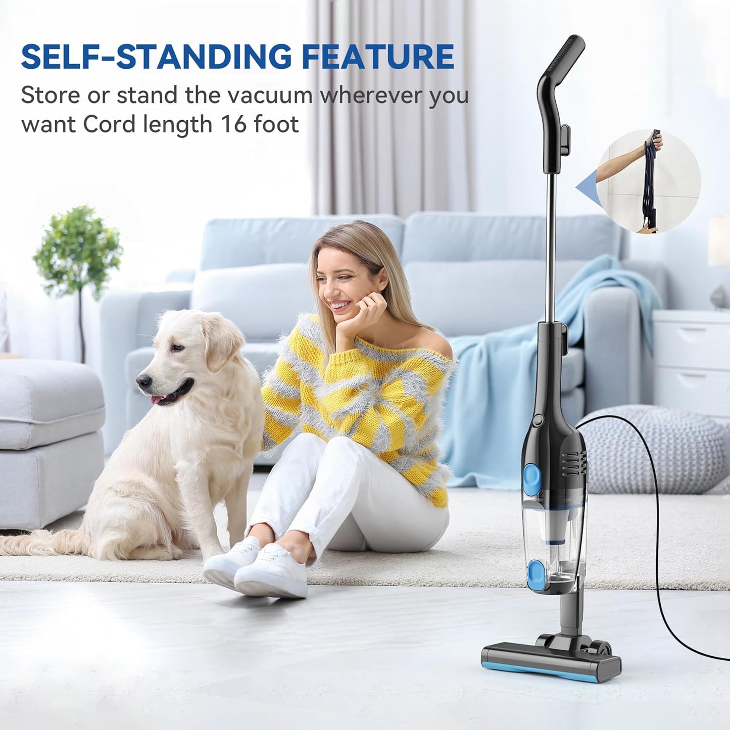Vazone R6X Corded Stick Vacuum Cleaners for Home, 20Kpa Powerful Suction Stick Vacuum with 16Ft Cord, 2 in 1 Lightweight Vacuum Cleaner for Hardwood Floor Pet Hair
