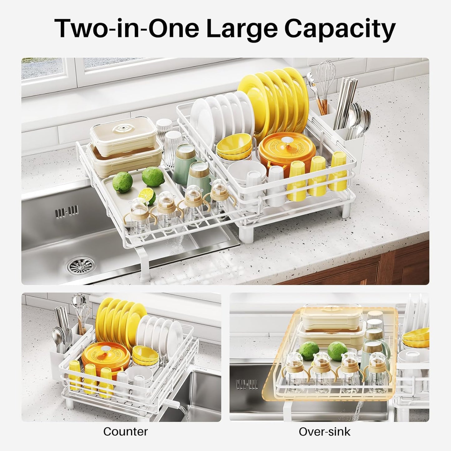 SNTD Dish Drying Rack - Extendable Dish Rack, Large Sink Drying Dish Drainer for Kitchen Counter, Stainless Steel Dish Strainer with Utensil Holder (Black)
