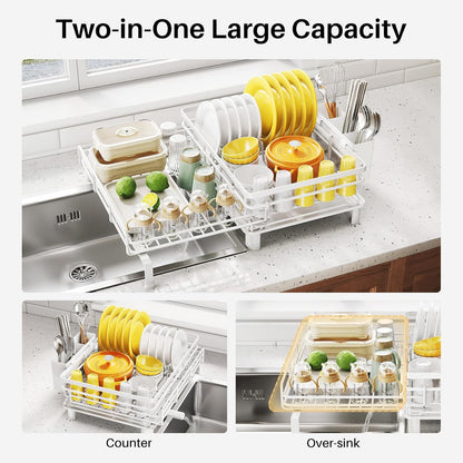 SNTD Dish Drying Rack - Extendable Dish Rack, Large Sink Drying Dish Drainer for Kitchen Counter, Stainless Steel Dish Strainer with Utensil Holder (Black)