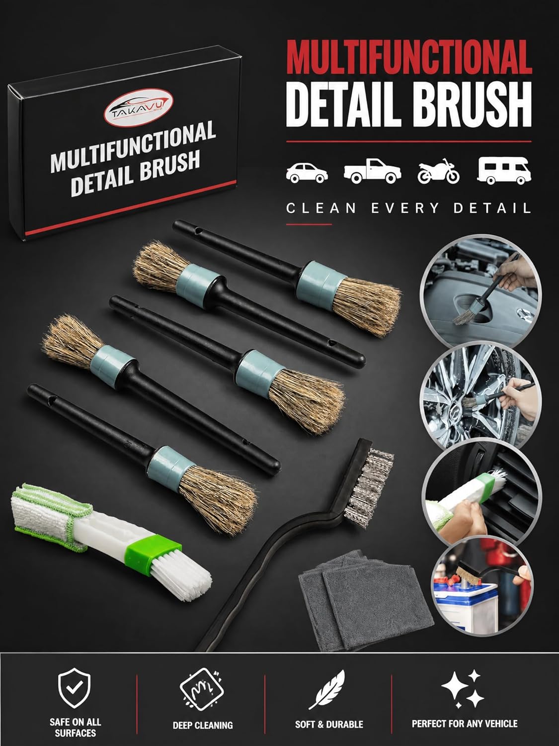 TAKAVU Complete Car Detailing Brush Kit (10 Piece) - Boar Hair Detail, Wire & Vent Brushes with Microfiber Towel for Wheels, Interior, Engine Bay Cleaning