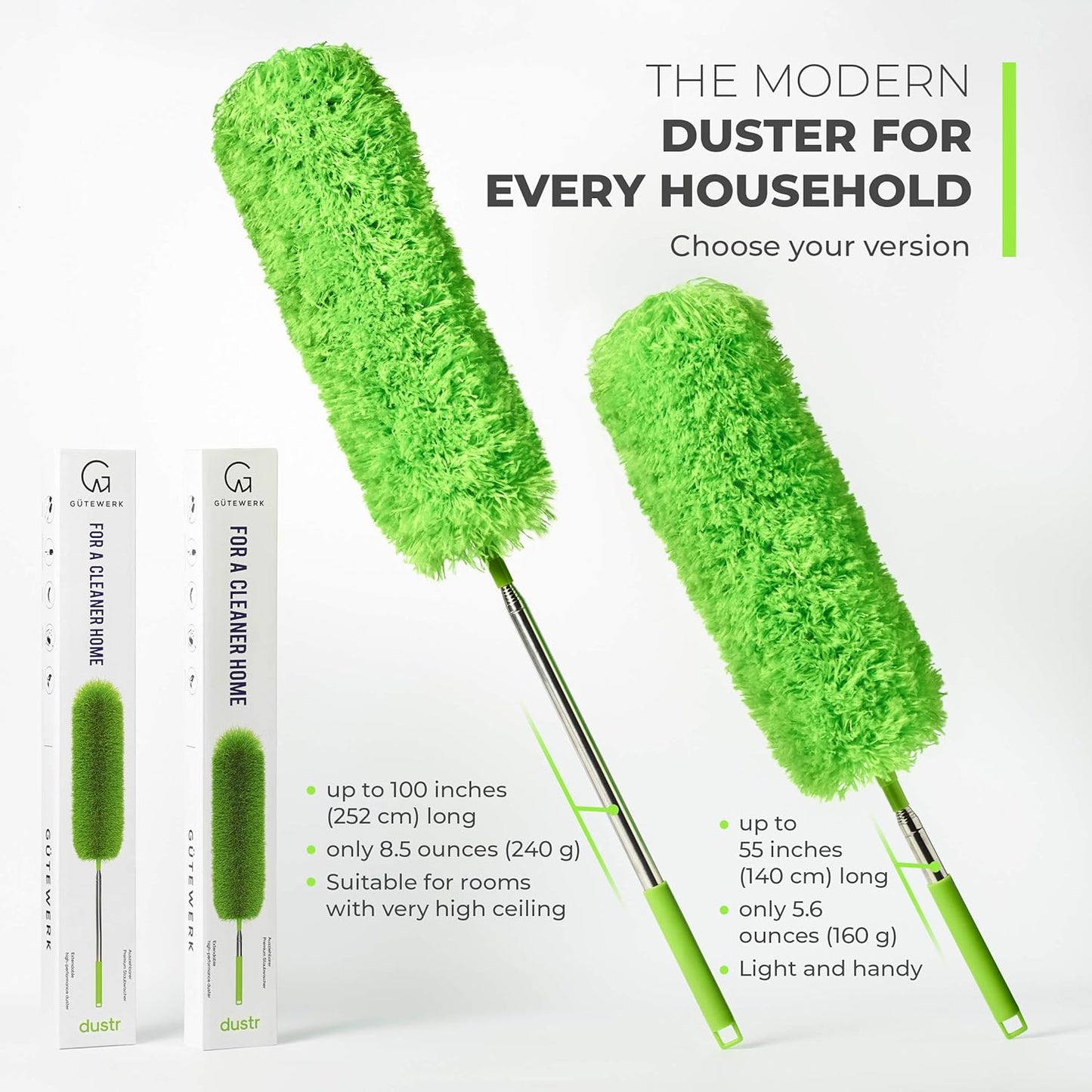 Extendable Feather Duster, Microfiber Duster, Ceiling Fan Duster, Feather Dusters for Cleaning, Dust Cleaner, Cobweb Duster - Electrostatic Bendable Head - up to 55 Inch