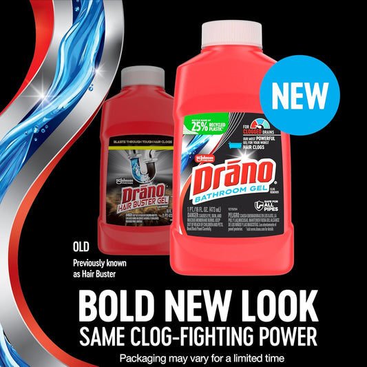Drano Hair Buster Gel Clog Remover, Professional Strength, Dissolves Hair on Contact, 16 oz