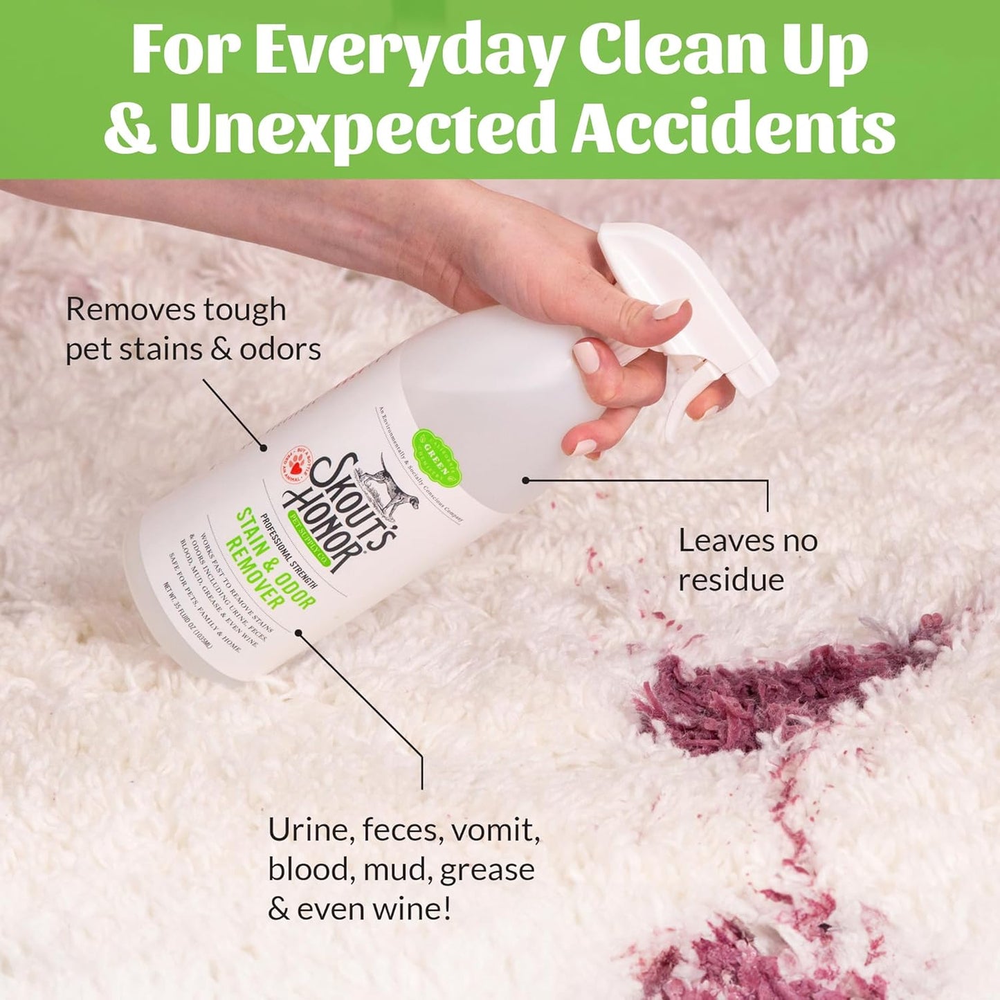 SKOUT'S HONOR Severe Mess Stain & Odor Eliminator, Powerful Stain Remover and Carpet Cleaner for Tough Dog Messes, Eco-Friendly Carpet Deodorizer, Cleaning Spray and Poop Spray, 35 oz