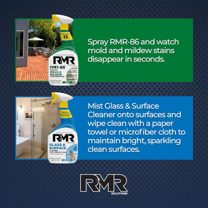 RMR Surface Renewal System – Instant Stain Remover + Glass & Surface Cleaner/Protectant, Indoor/Outdoor Cleaning Kit for Mirror, Screen, Furniture, Siding, & Deck, 2–32 Oz Bottles