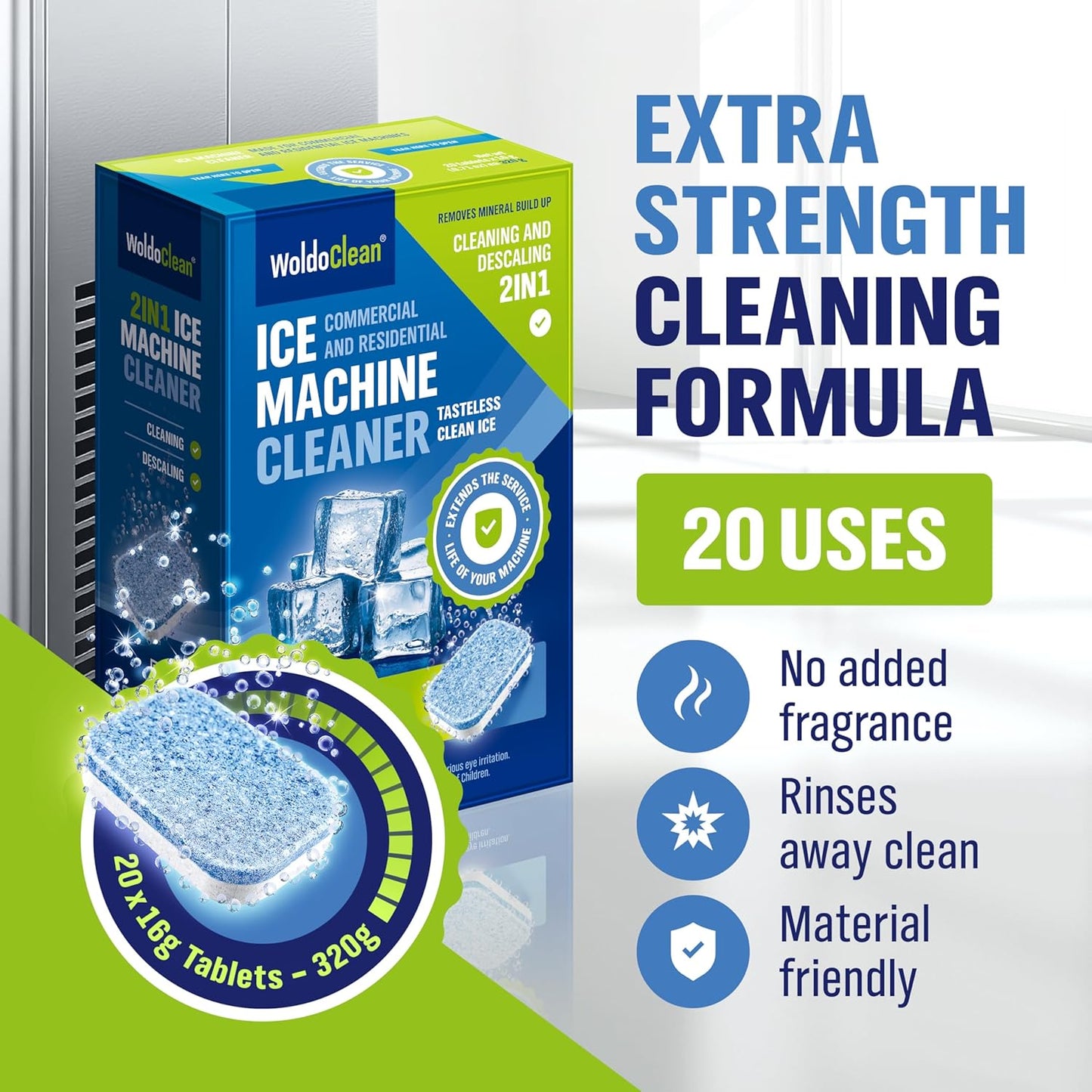 WoldoClean Ice Machine Cleaner Tablets 20 Count - 2in1 Descaler, Extra Strength 16g Dual Action for Countertop, Nugget, Portable and Commercial Makers, Nickel
