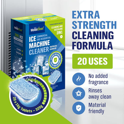 WoldoClean Ice Machine Cleaner Tablets 20 Count - 2in1 Descaler, Extra Strength 16g Dual Action for Countertop, Nugget, Portable and Commercial Makers, Nickel