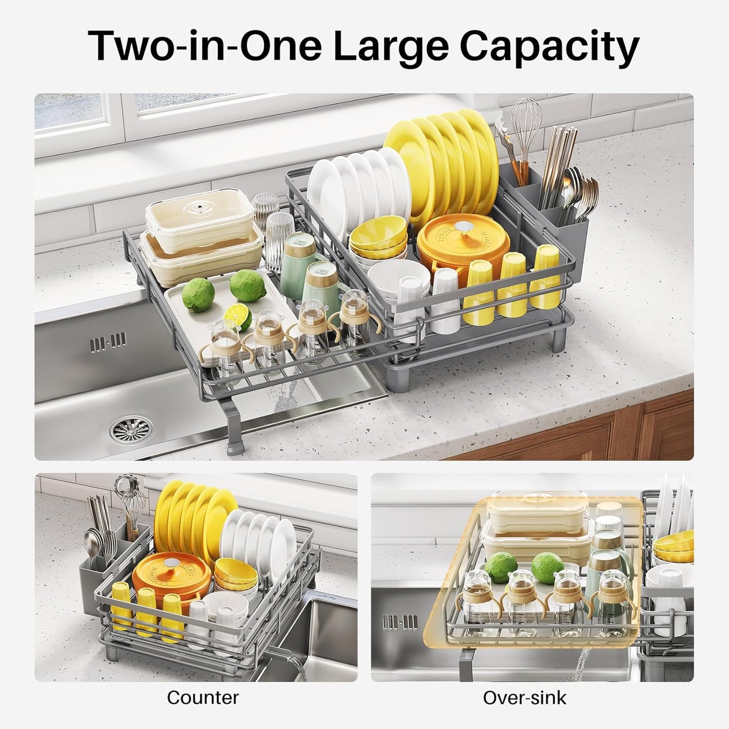 SNTD Dish Drying Rack - Extendable Dish Rack, Large Sink Drying Dish Drainer for Kitchen Counter, Stainless Steel Dish Strainer with Utensil Holder (Black)