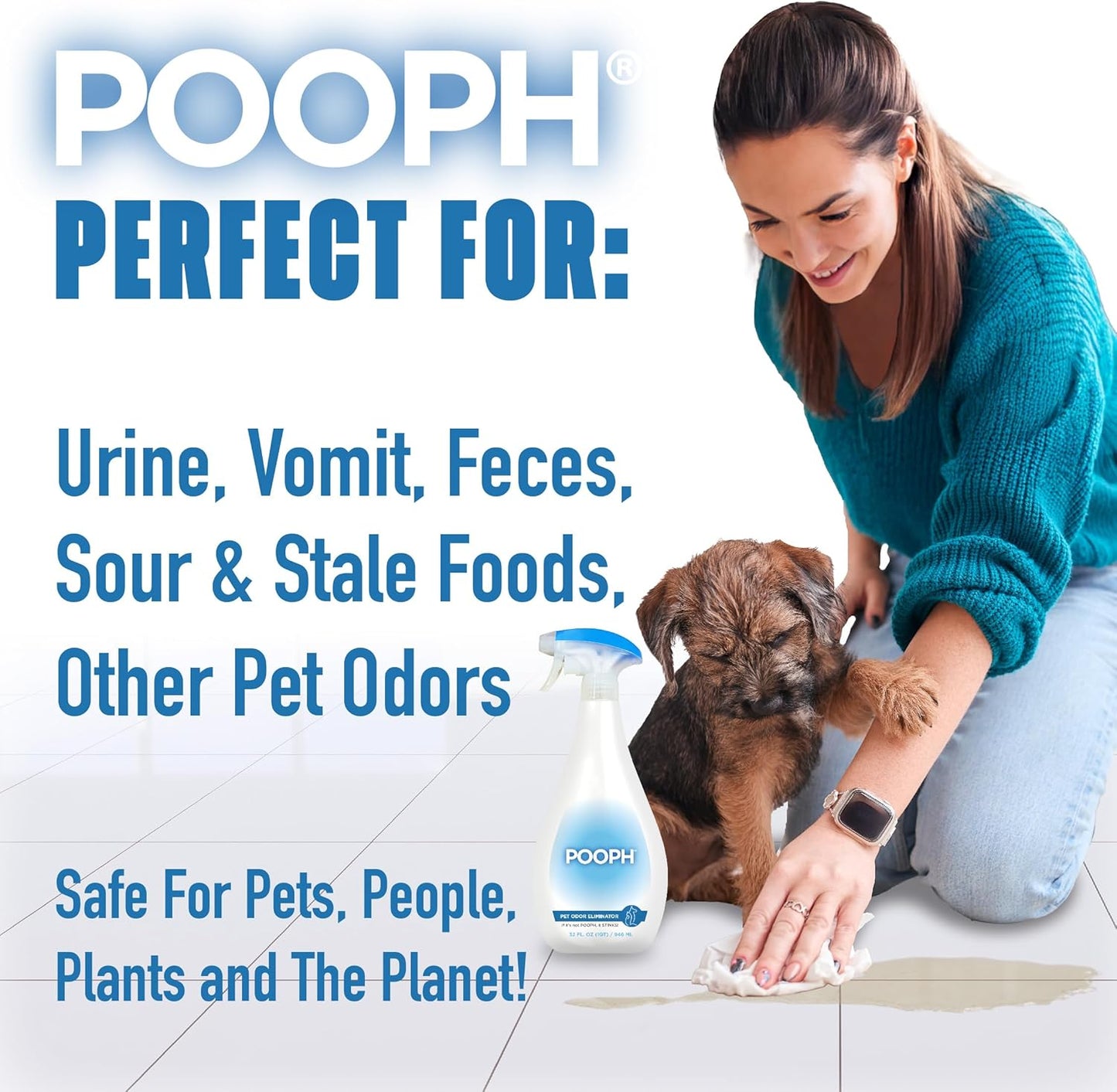 POOPH Pet Odor Eliminator Spray for Dogs & Cats — Urine, Poop & Pee Odor Remover for Carpet, Furniture, Hard Floors & Litter Box — Pet Stain & Smell Eliminator for Home, Unscented, 32 oz