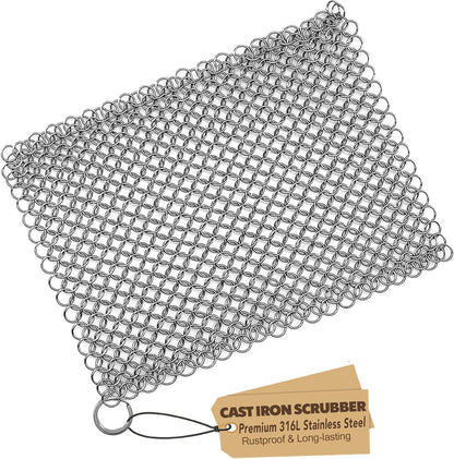 TOPULORS Cast Iron Scrubber 316 Stainless Steel Skillet Cleaner 8"x6" Chainmail Scrubber Scraper Chain Mail Link Scrub for Cast Iron Pre-Seasoned Pans, Griddles, BBQ Grills, and Pot Cookware Cleaning