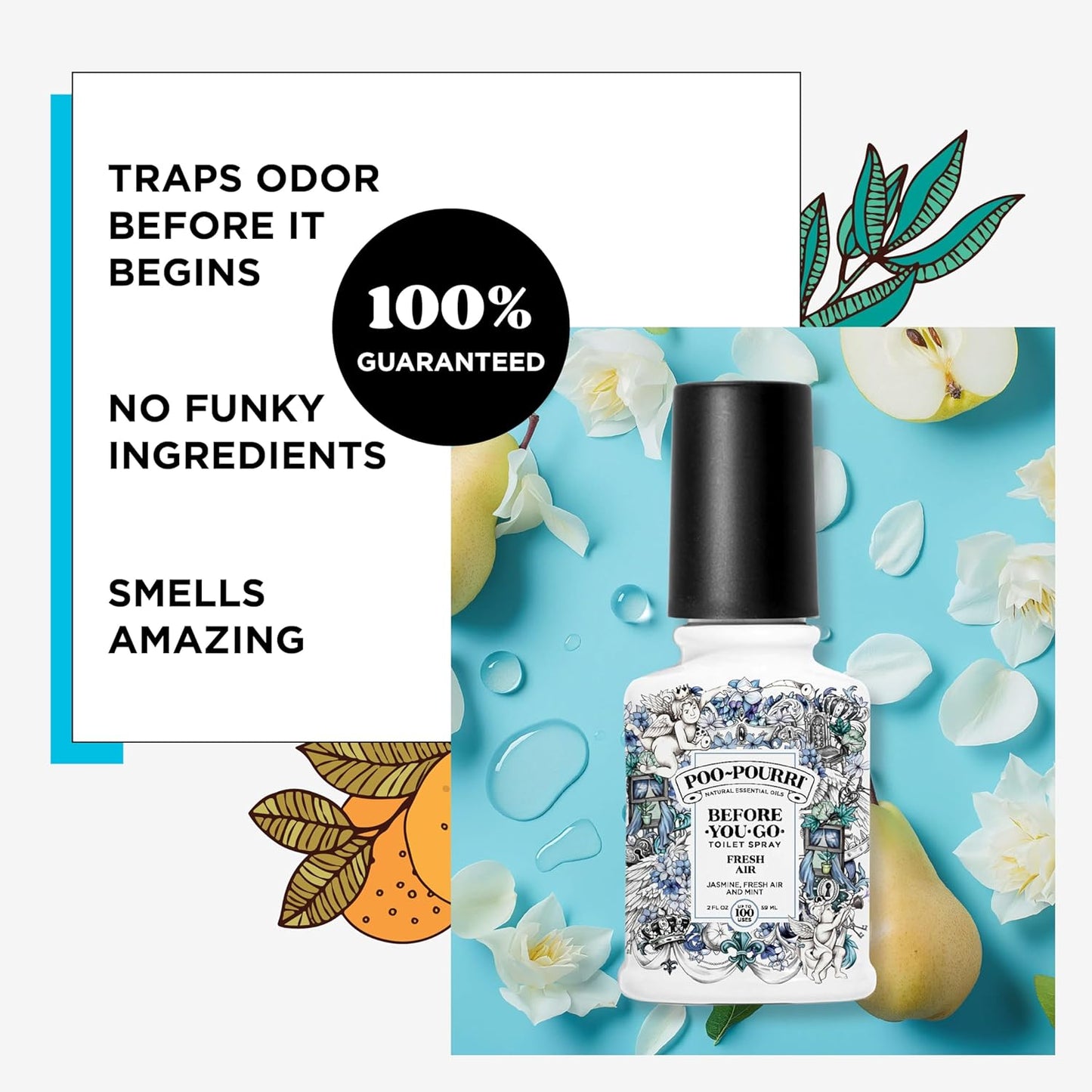 Poo-Pourri Before-You-Go Toilet Spray, Fresh Air, 4 Fl Oz, Up to 200 Uses, Bathroom Odor Deodorizer , Plant-Based with Essential Oils, for Home or Work, Jasmine, Fresh Air and Mint Scent