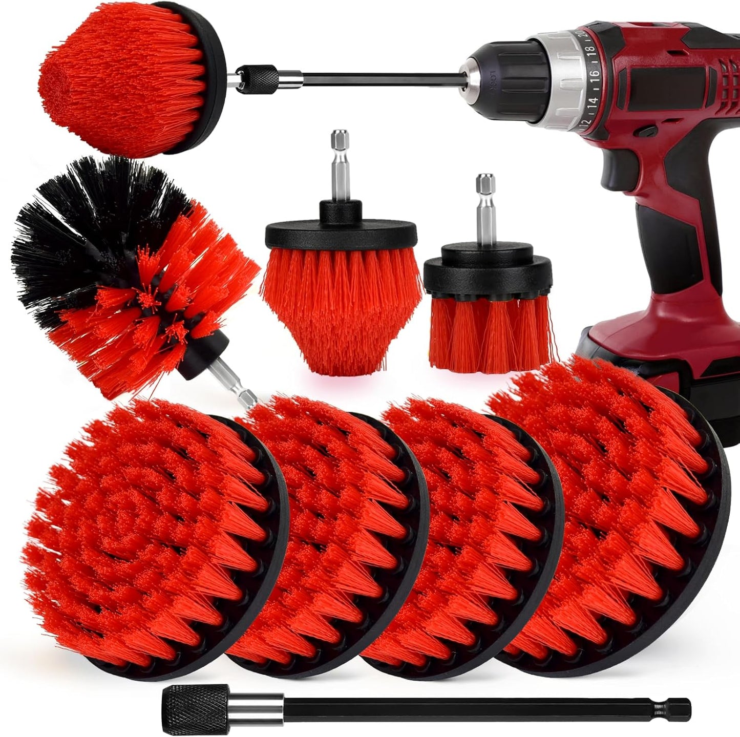 8 Pack Drill Brush Attachment Set,1/4in Power Scrubber Brush + Extend Long Rod, Power Cleaning Scrub Brush for Bathroom, Tub, Tile, Floor, Grout, Boat(White)