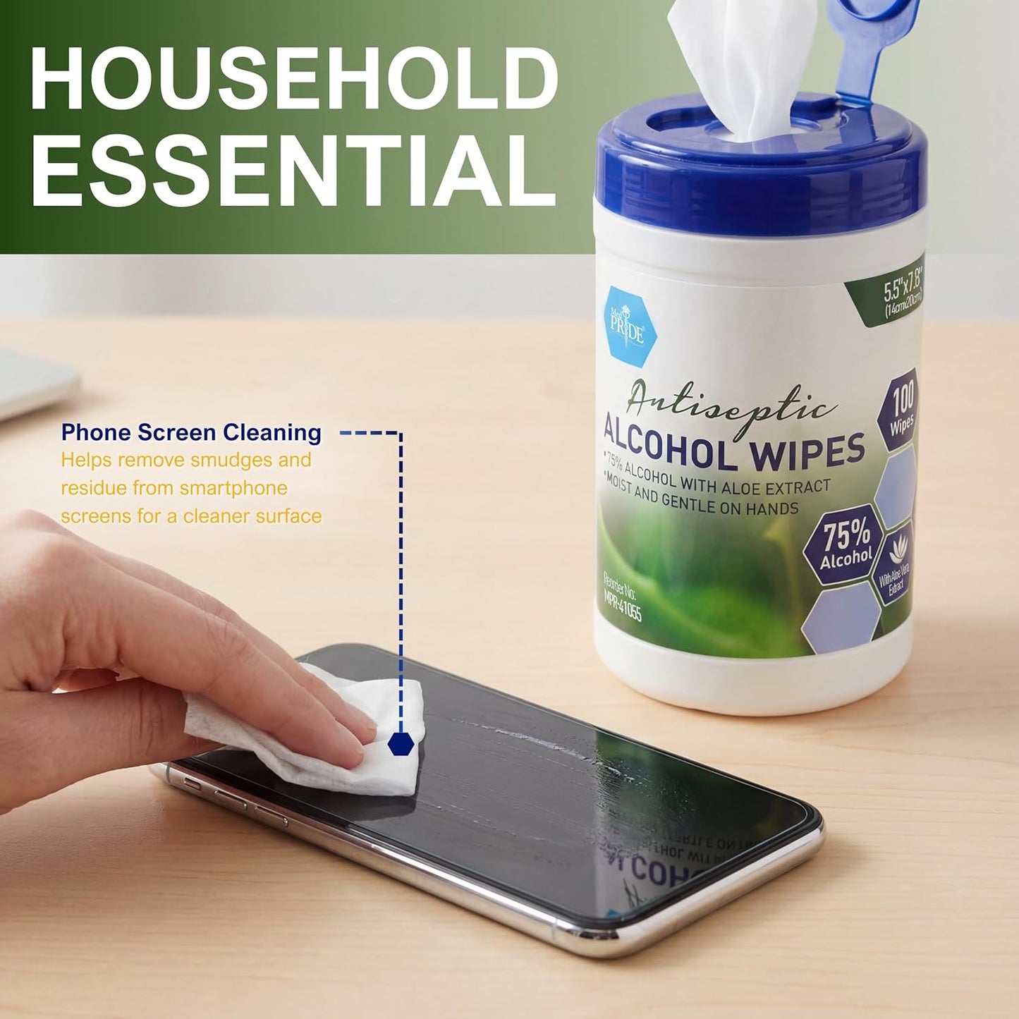 MED PRIDE Alcohol Based Disinfectant Wipes, 100 Pack, with Aloe Vera, Wipes with Alcohol for Cleaning, 5.5in X 7.8in