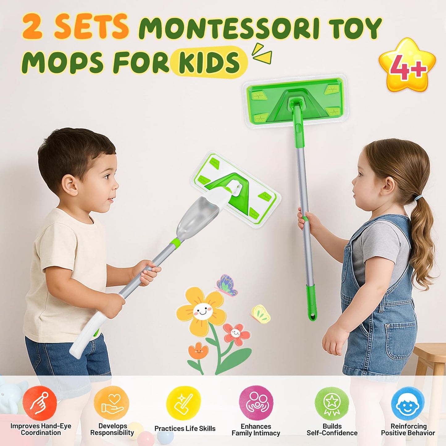 2-Set Toy Mop for Kids - Toddler Real Spray Flat Floor Mop Montessori Cleaning Toy Set, Educational and Fun Gifts for Boys and Girls Ages 4+