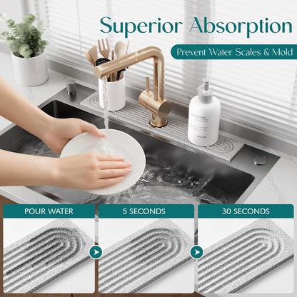 Eormoe Faucet Mat for Kitchen Sink – Diatomite Stone Drying Mat & Sink Protectors, Prevent Moisture – Sink Splash Guard Water-Absorbing Stone Tray for Bathroom Counter (Light Grey, 23.6" x 3.9")