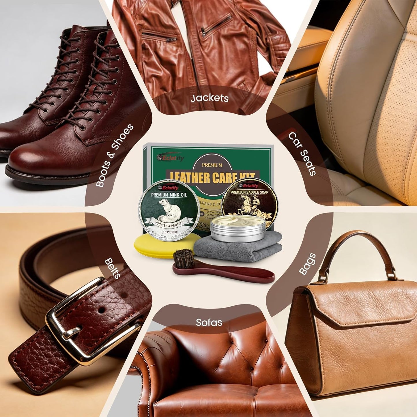 5-in-1 Leather Care Kit with Saddle Soap & Mink Oil, Leather Cleaner and Conditioner for Cowboy Boots, Jackets, Handbags, Car Interiors, Ideal Gift for Leather Lovers