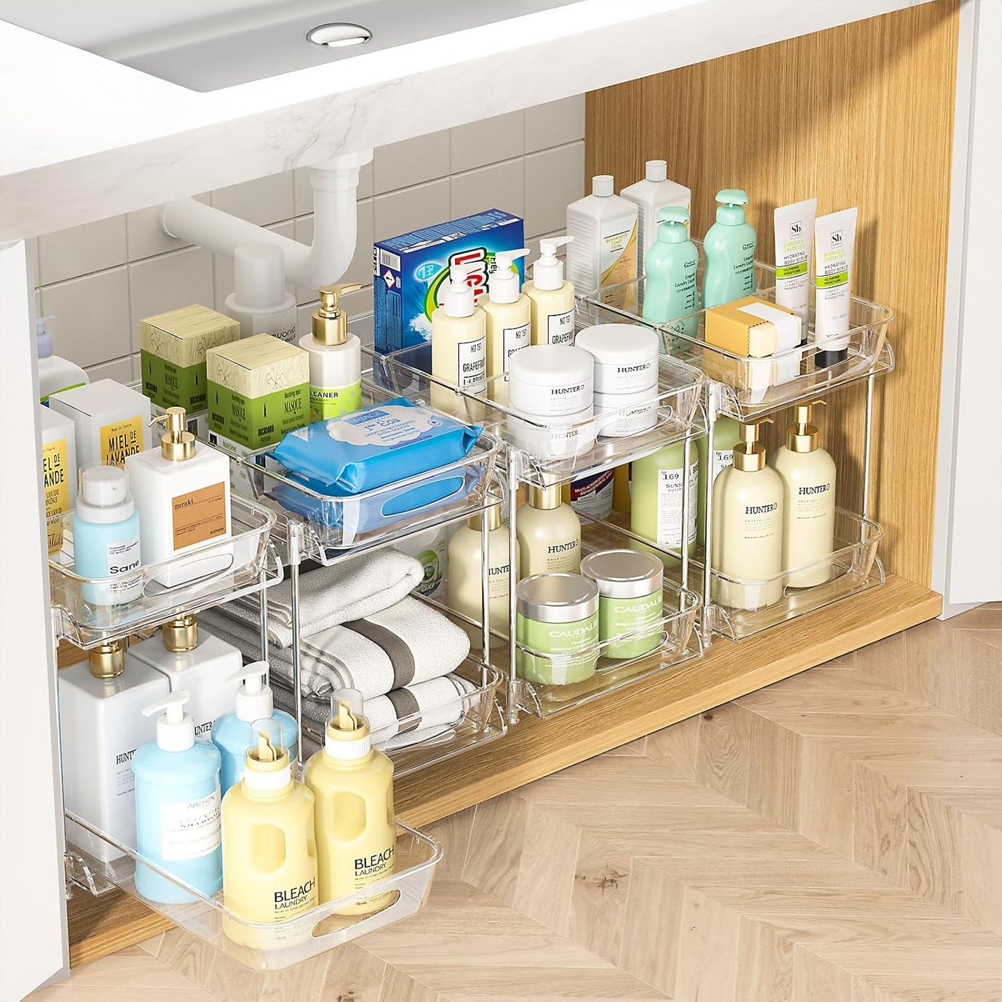 Sevenblue 4 Pack Under Sink Organizer, Bathroom Organizers and Storage, 2 Tier Multi-Use Pull Out Cabinet Organizer with Hang Hooks and Cups (Black, 4 Pack)