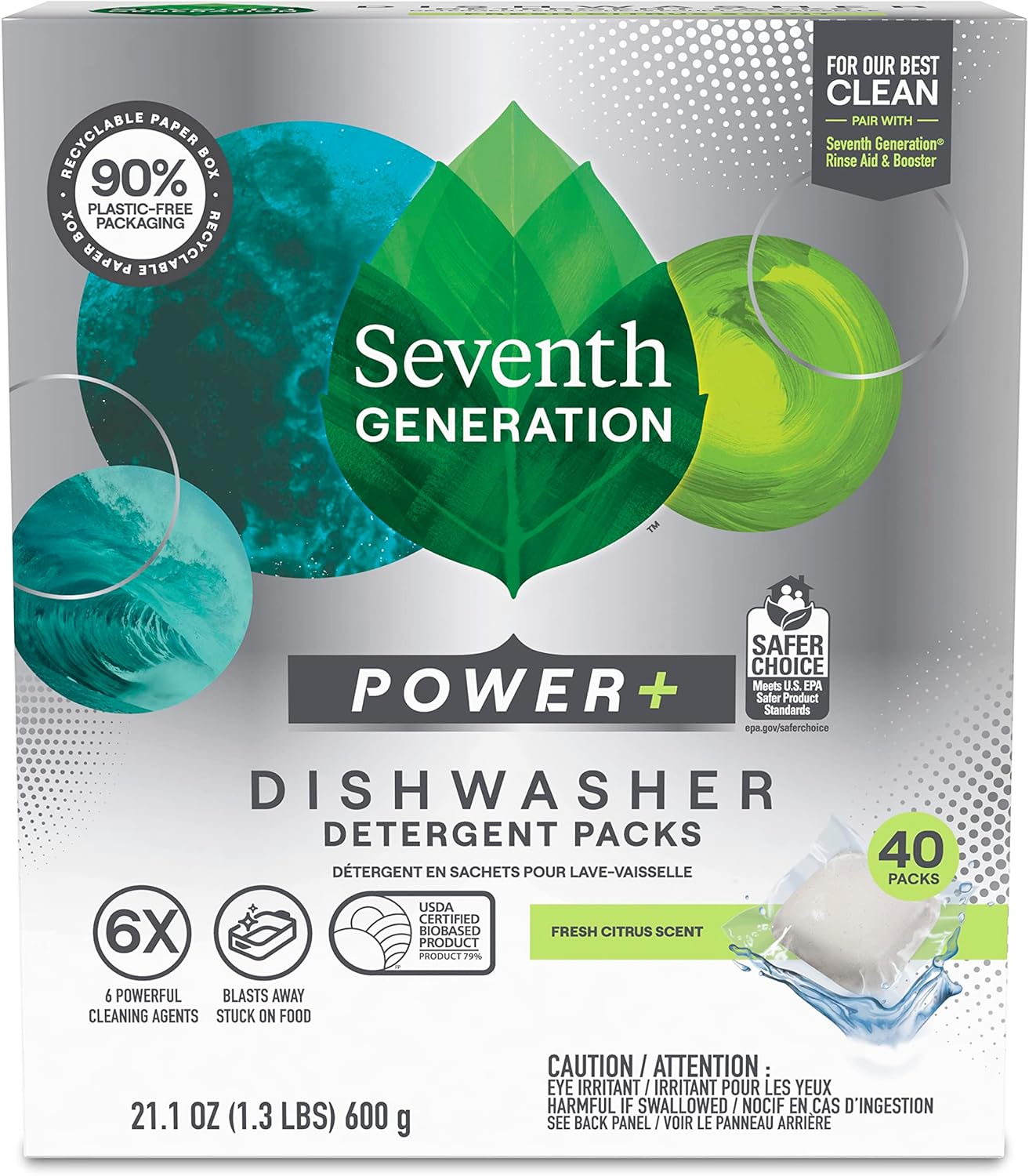 Seventh Generation Power Plus Dishwasher Detergent Packs Fresh Citrus scent Pack of 2 for sparkling dishes Dishwasher tabs 40 count