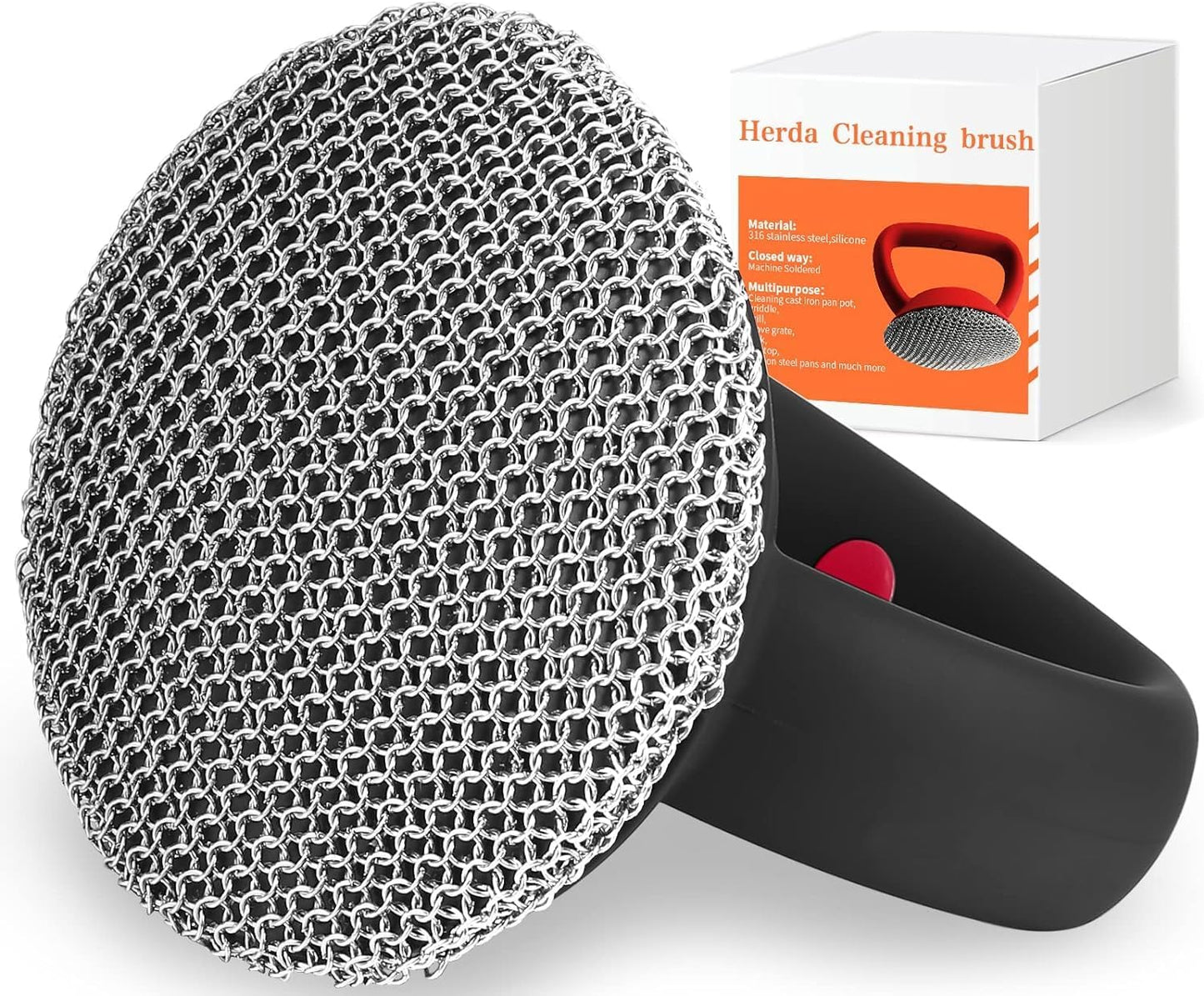 Cast Iron Cleaner Scrubber with Heavy Duty Handle, 3mm Welded Chain Mail Scrubber for Pan Pot Cleaning - Small Ring Chainmail Scrubber Metal Scrub Sponge Skillet, Oven, Griddle, Wok Brush