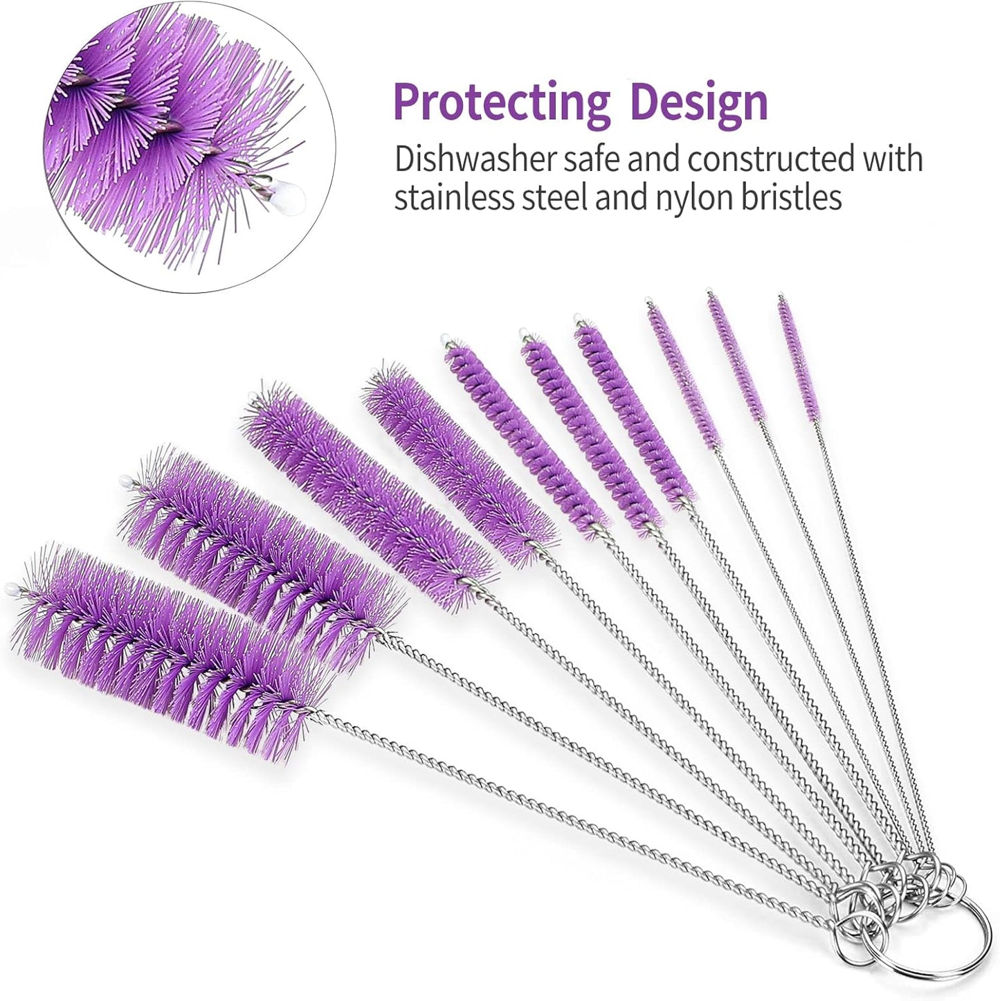 CiaraQ Bottle Cleaning Brushes, 8 Inch Nylon Tube Brush Set, Cleaner for Narrow Neck Bottles Cups with Hook, Set of 10pcs